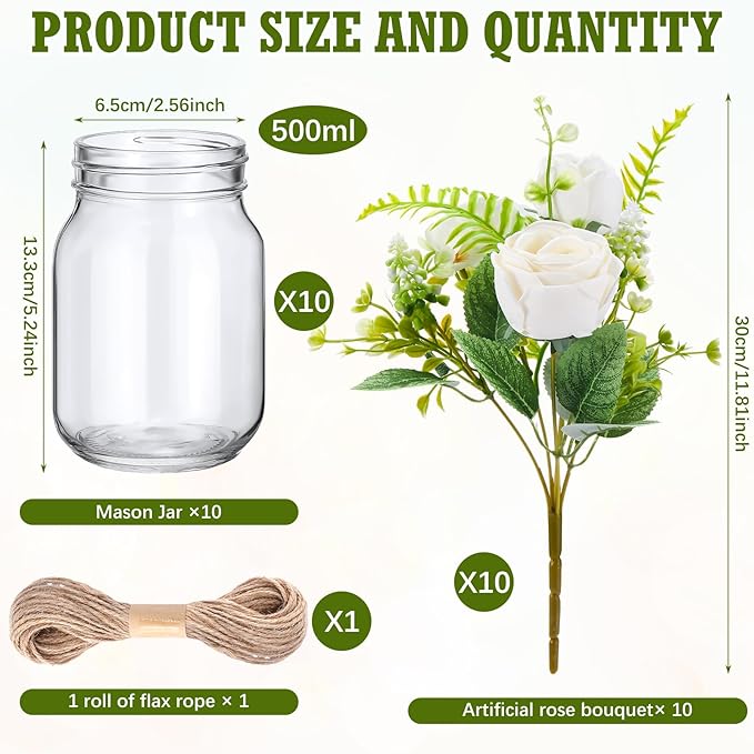 XunYee 10 Set Mason Jars for Centerpieces, Rose | Mason Jar Flower Vases - Image 2
