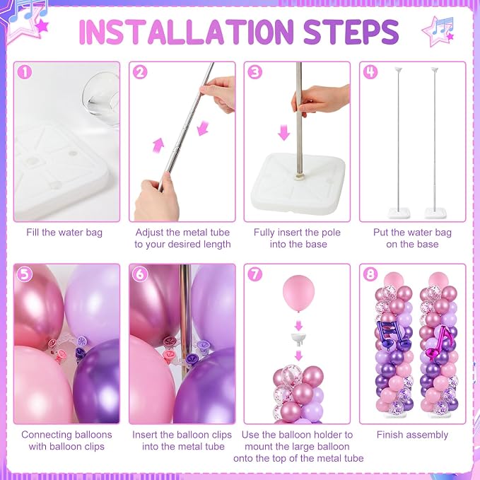 Skylety 2 Sets Kpop Music Balloon Column Stand Kit Adjustable Music Purple Pink - Image 3