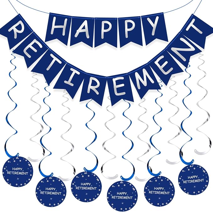 Retirement Party Decorations for Men Women Blue Silver Happy Retirement Banner by GuassLee