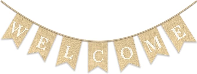 Pre-Strung WELCOME Banner with Burlap Flag, Rustic Linen Letter Garland by Geodurn