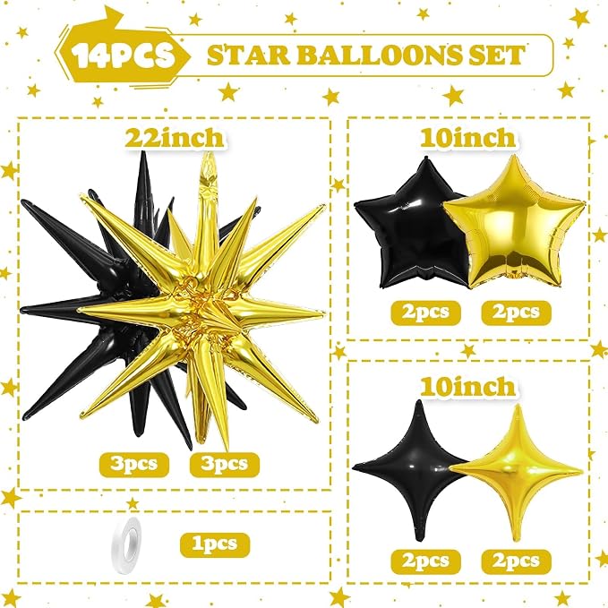 14pcs Black Gold Star Balloons, Mixed Star Foil Balloon, 22Inch Explosion Stars - Image 2