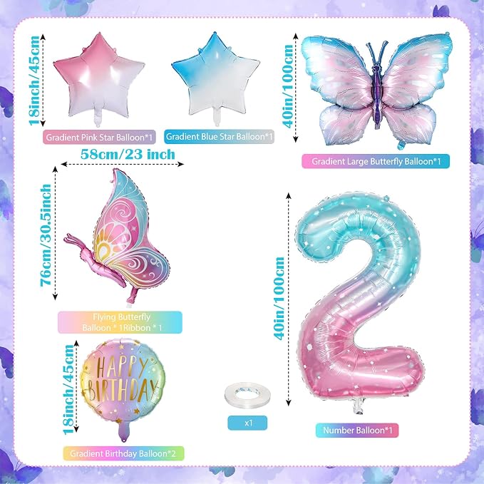 Isndare Butterfly Balloons, Includes Giant Number 2 Balloon, Self Sealing - Image 2