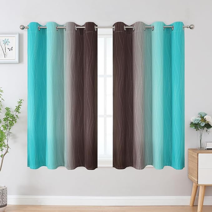 Brown and Teal Blackout Curtains 45 Inch Length, Light Blocking Gradient Drapes - Image 2