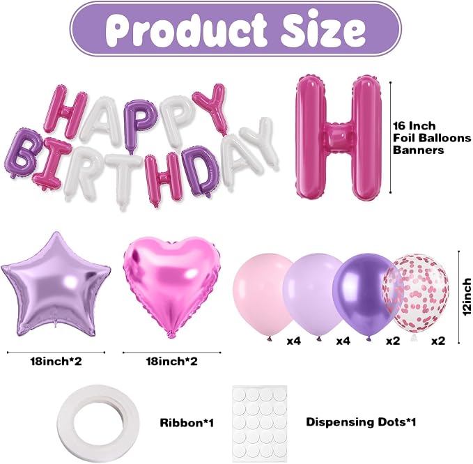 29PC Pink Purple Happy Birthday Balloon Banner, 16 Inch Foil Letters Letter - Image 2