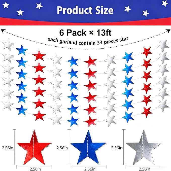 6 Pack Patriotic Star Garland Each 13Ft Star Paper Banner | Hanging Glitter - Image 3
