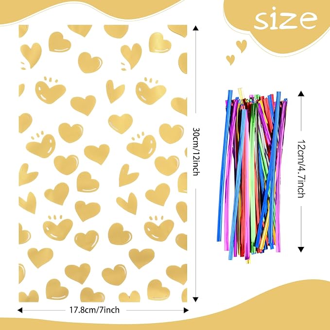 COQOFA 100Pcs 7X12IN Gold Heart Cello Cellophane Treat Bags Gift Party Favor - Image 2