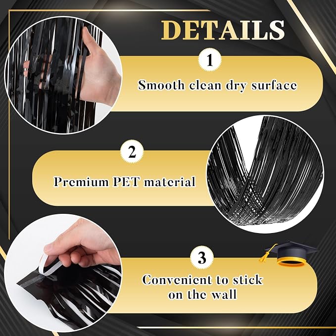 8 Pcs 15ft Gold Black Metallic Foil Ceiling Fringe Curtains, Graduation Party - Image 3