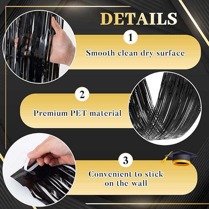 4 Pcs 15ft Gold Black Metallic Foil Ceiling Fringe Curtains, Party Decor Fringe - Image 3
