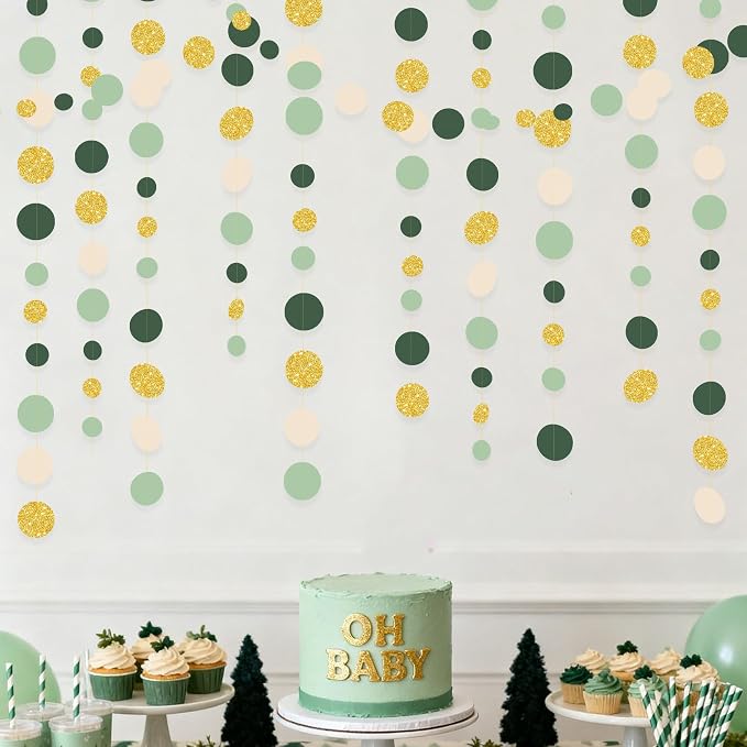 Sage Green Gold Beige Party Polka Dot Garlands Oilve Green Glitter Gold Hanging - Image 7