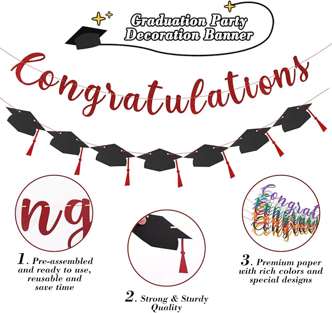 Class of 2026 Graduation Decorations Pre-Strung Glitter Congratulations Banner - Image 2