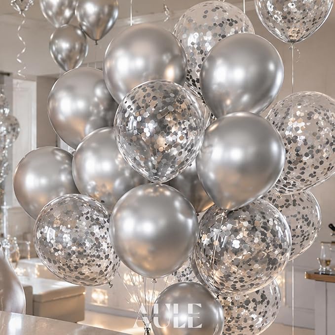 AULE 42Pcs Metallic 12 Inch Silver Confetti Balloons Set | Silver Party Balloons - Image 5