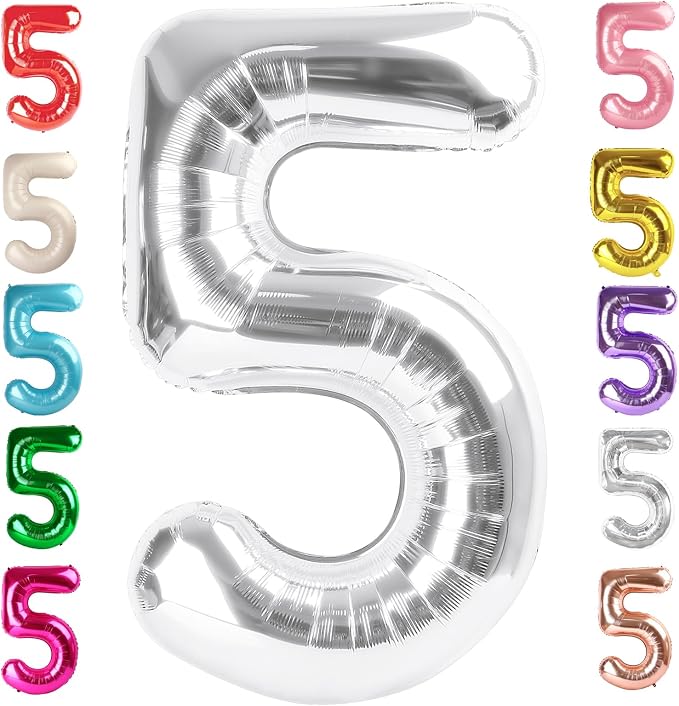5 Balloon Numbers Birthday Decorations, 40In Silver Balloons by Mluchee