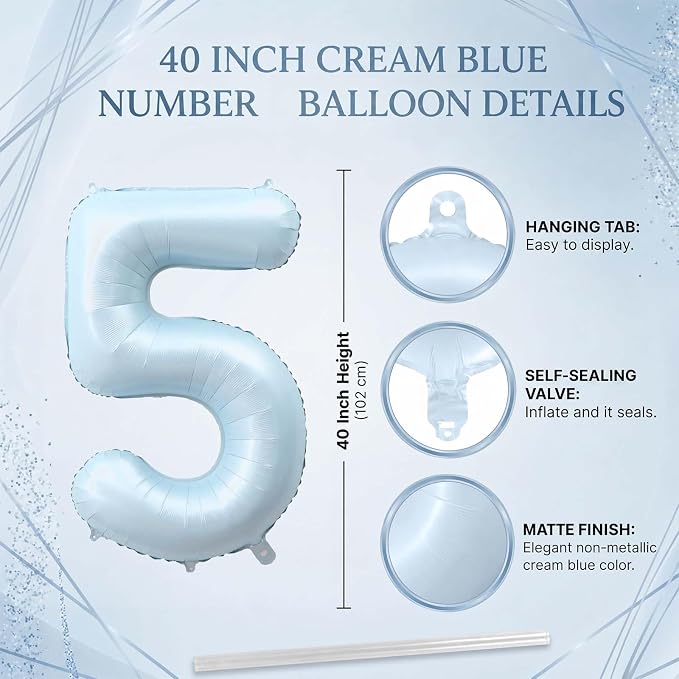 Baby Blue Number 5 Balloon 40 Inch, Sky Pastel Foil Numeral Party Supplies | - Image 4