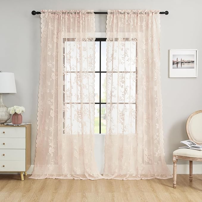 Blush Pink Lace Curtains 108 Inches Long 2 Panels Romantic Floral Sheer Curtains by SEEKRIGHTHomeDecor
