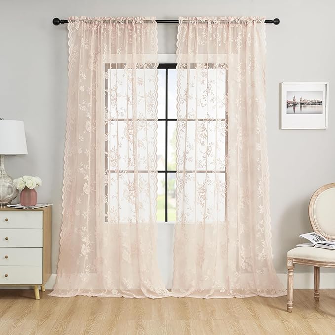 Sheer Lace Curtains 96 Inches Long 2 Panels Vintage Floral Curtains by SEEKRIGHTHomeDecor