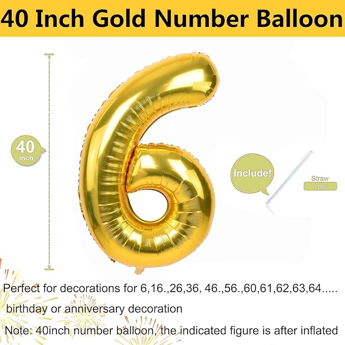 40 inch Gold Number Balloon Giant Foil Helium Balloons Gold Number 6 Balloon - Image 2