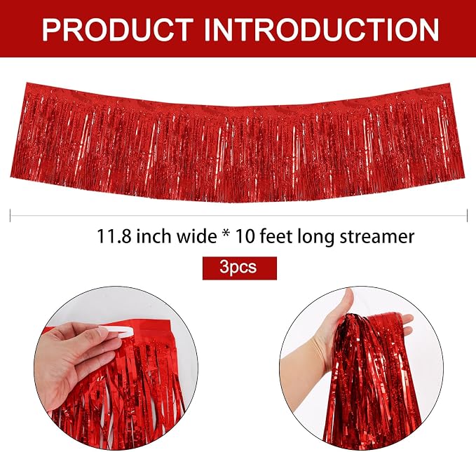 BEISHIDA Laser Red Fringe Garland Banner 30ft Wall Tinsel Foil Streamers | 3Pack - Image 2