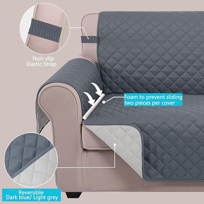 U-NICE HOME Reversible Recliner Chair Covers, Dark Blue/Light Grey | - Image 3