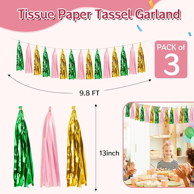 2 Pack Green Gold Pink Metallic Tassel Garland - Image 2