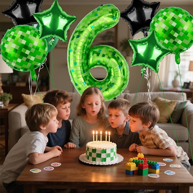40 Inch Green Pixel Themed Number 6 Balloon Set Foil Balloon - Image 6