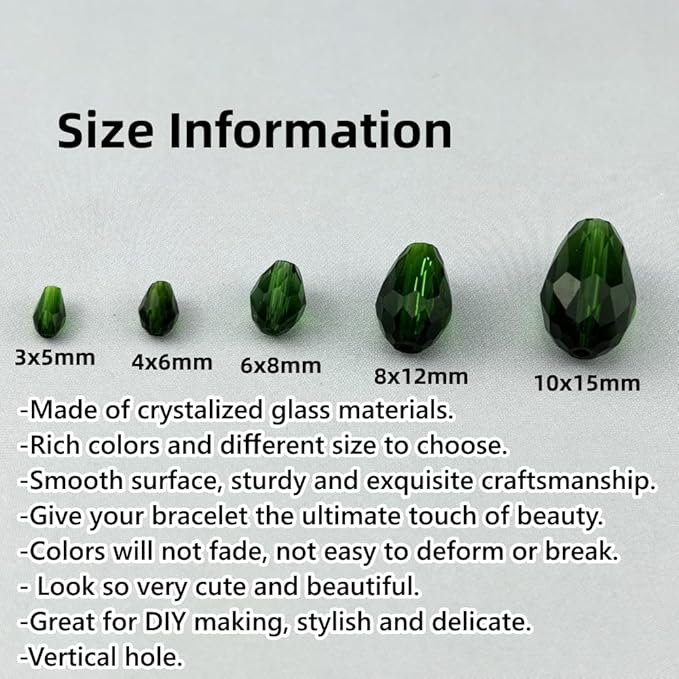 100pcs 8x12mm Teardrop Crystal Glass Beads for Jewelry Making, Faceted Vertical Hole Teardrop Glass Spacer Beads for Wind Chimes Bracelet Earring Necklace DIY Craft(Dark Green)