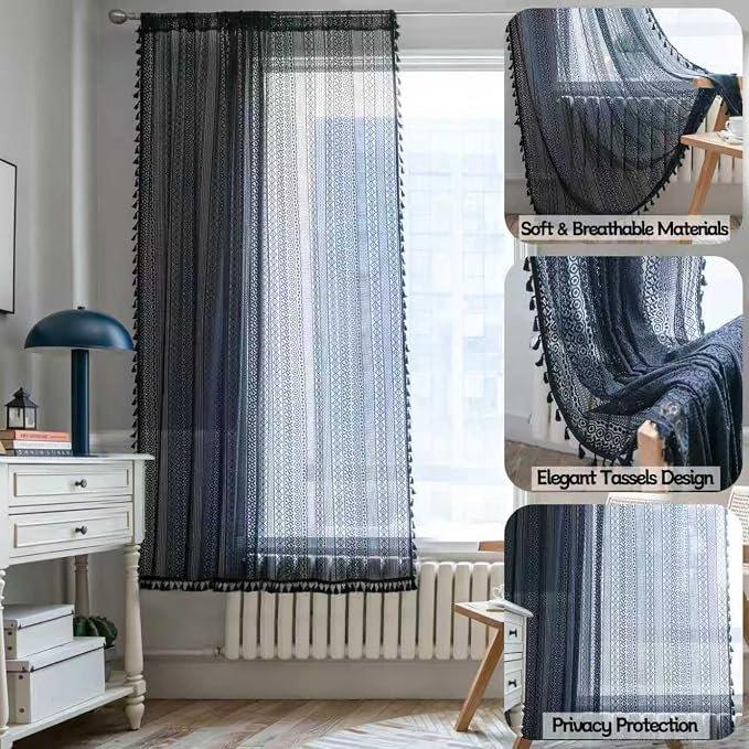 Sutuo Home Black Crochet Boho Curtain 63 Inches Length, Sheer Lace Handmade - Image 2