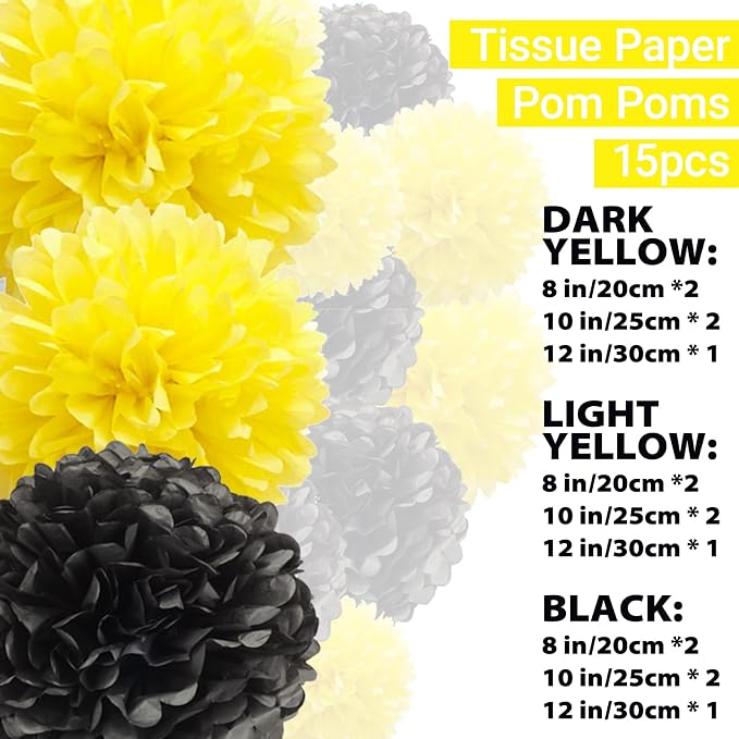 Capesaro Black and Yellow Tissue Paper Pom Poms, Bee Classroom Decor Wedding - Image 2