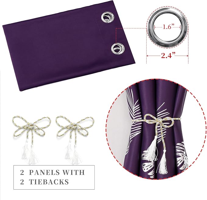 Purple Blackout Curtains for Bedroom, Room Darkening Silver Palm Tree Pattern - Image 4