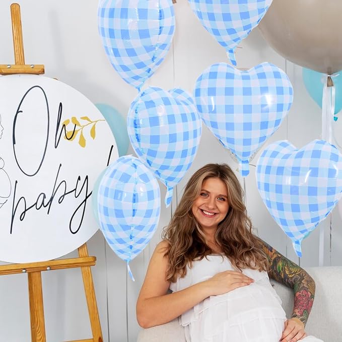 TONIFUL 15 Pcs Blue Gingham Heart Balloons 18 Inch Heart Shape Foil Balloon | - Image 5