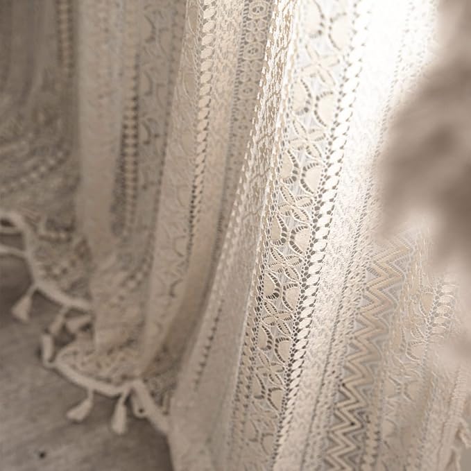 Sutuo Home Crochet Boho Curtain 96 Inches Length, Sheer Lace Handmade Tassels - Image 5