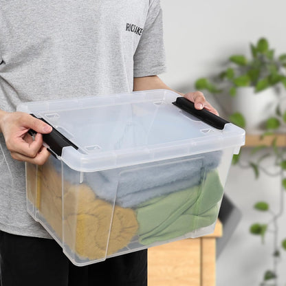 22 Qt Latching Storage Box, Stackable Bin with Latch Lid, Plastic Storage Container Tote, Clear, 4-Pack