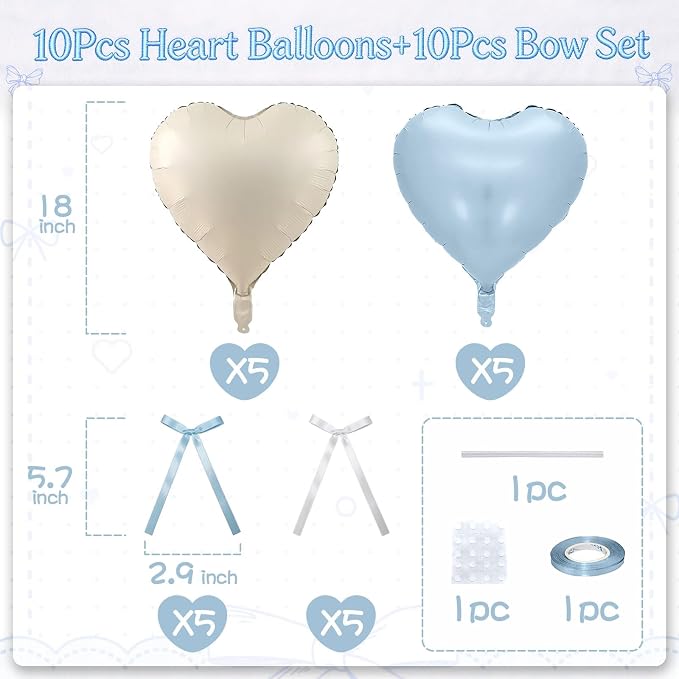Blue White Heart Balloons with Ribbon Bow, 18 Inch Helium Balloon with Bow - Image 2