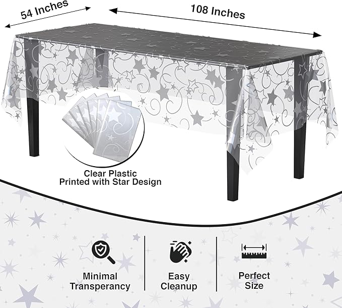 Exquisite Clear Silver Star Tablecloth Plastic 12-Pack Disposable Rectangle Tablecloths 54" x 108" Silver Star Table Cloths Rectangle Table Covers Plastic Tablecloth for Party Decorations
