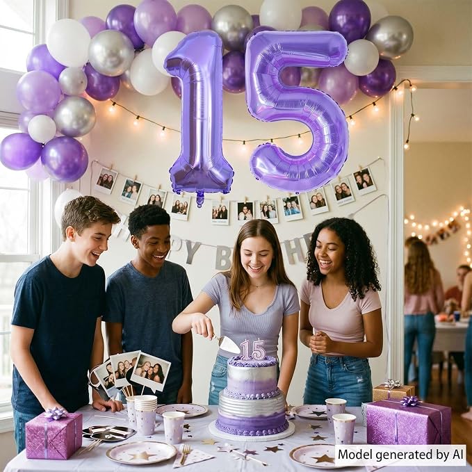 Purple Number 15 Balloon 40 Inch, Large Metallic Lavender Mylar Foil 15 Balloons - Image 3