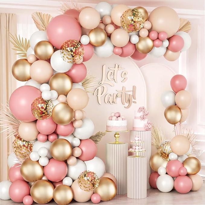 Blush Pink White Gold Nude Balloons Arch Kit, Party Decor. | Blush Retro Pink by Bloces