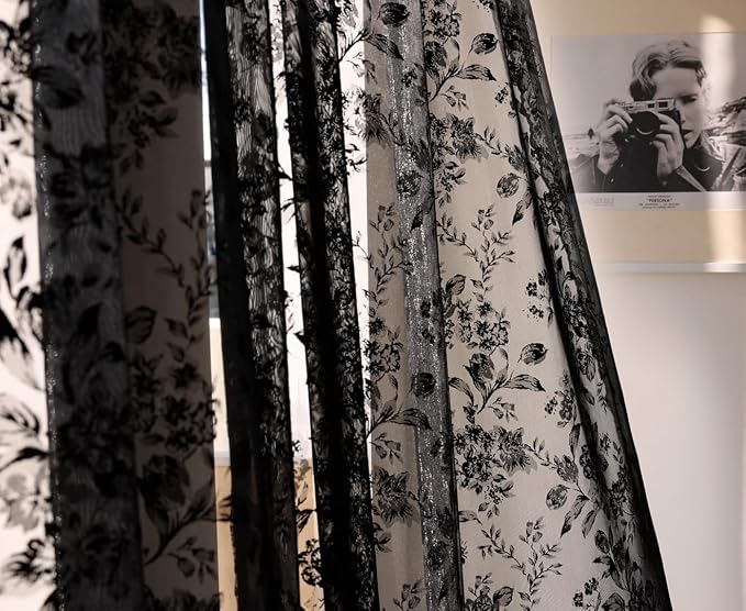 Treatmentex Black Floral Lace Curtains 63" Length - Image 8