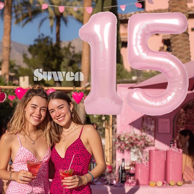 SUWEN 40 Inch Pink Large 15 Number Balloons Big Foil Helium Number Balloons 0-9 - Image 2