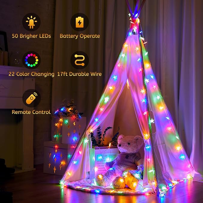 Minetom Star String Lights Battery Operated - 17 ft 50 LED Color Changing Star - Image 4