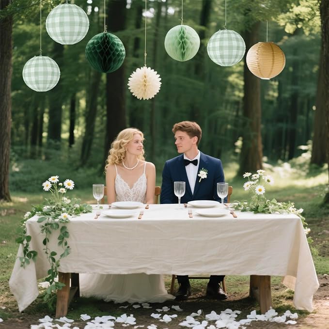 6 Pieces Sage Green Gingham Paper Lanterns Decorations - Image 5