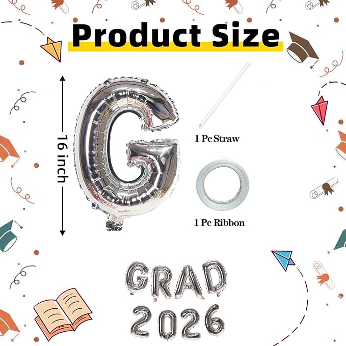 Silver GRAD 2026 Banner Balloons, 16 Inch Mylar Foil letter Graduation Balloons - Image 2
