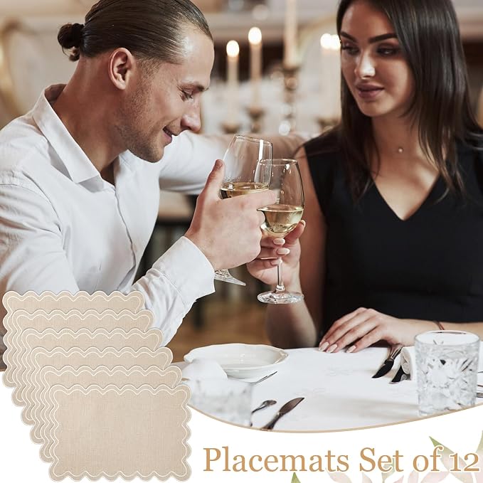 Linen Placemats Set of 12 Scalloped Placemat 13 X19 Wavy Embroidery Double - Image 7