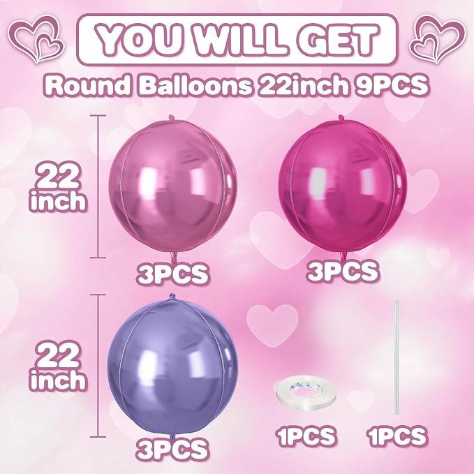 Pink Purple Round Foil Balloons 9 pcs, Metallic Giant 4D Round Balloons 22 Inch - Image 2