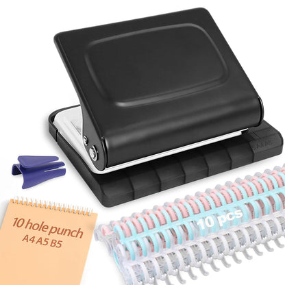 10 Hole Punch Binding Machine for Planners with 10 Multi-Color Binder Rings,30 Holes on A4,20 Holes on A5,26 Holes on B5,10 Sheet Capacity (Black)