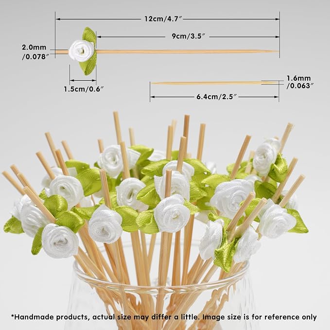 Minisland White Rose Flower Cocktail Picks, 4.7 Inch Long Bamboo Fancy - Image 2