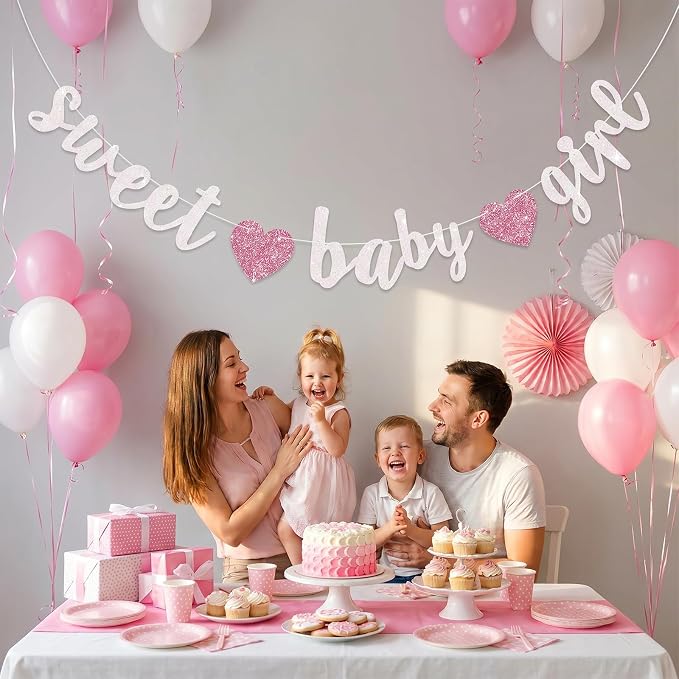 BEISHIDA Pre-Strung Glitter White Pink Girl Baby Banner Baby Shower Decor | NO - Image 5