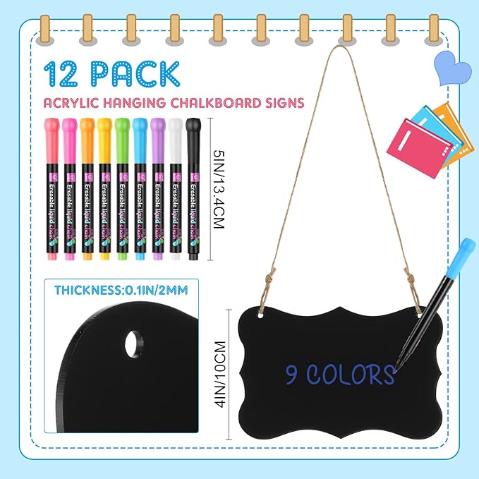 12 Pcs 4 x 6 Acrylic Chalkboard Hanging Sign with Chalk Markers Chalk Board Signs with Hanging String for Wedding Kitchen Home Party Decoration (Arrow)