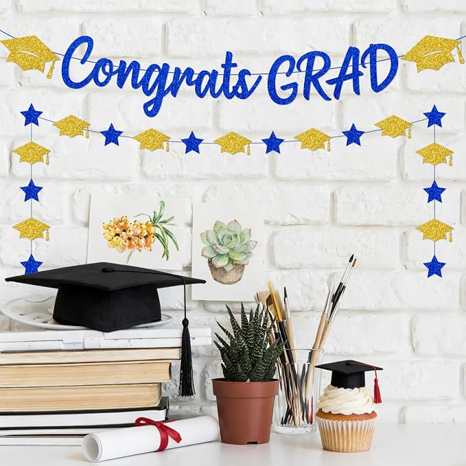 Blue and Gold Graduation Decorations Banner 2026, Glitter Blue and Gold Class - Image 3