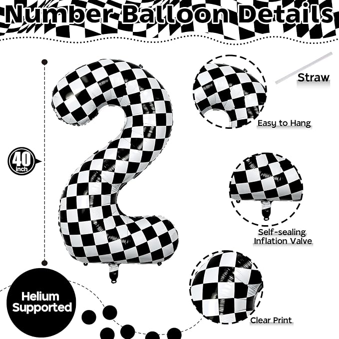 40 Inch 2nd Birthday Number Balloon, Checkered Foil Self Inflating 2 Balloons - Image 2