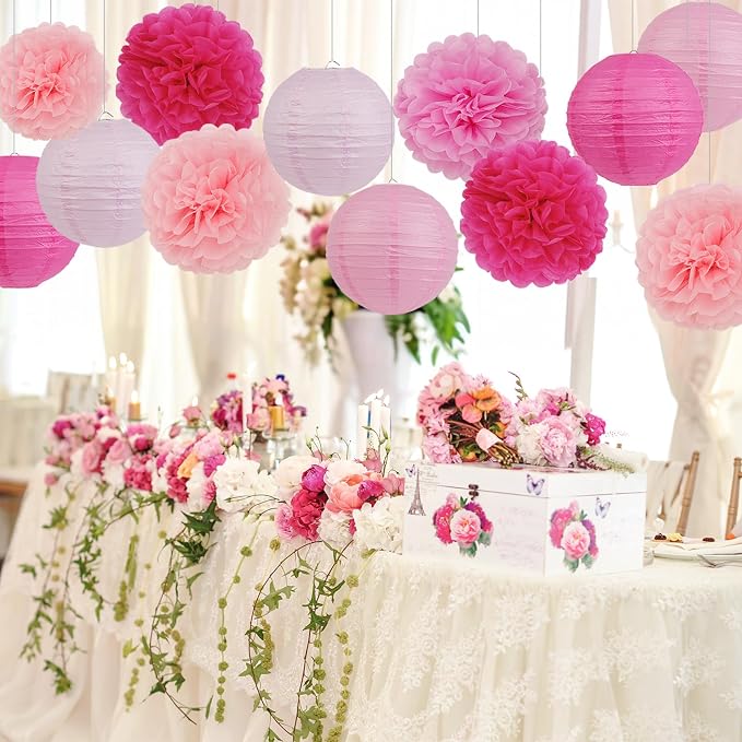 Pink Birthday Party Decorations Paper Lanterns and Pom Poms 15pcs Set | Baby - Image 3