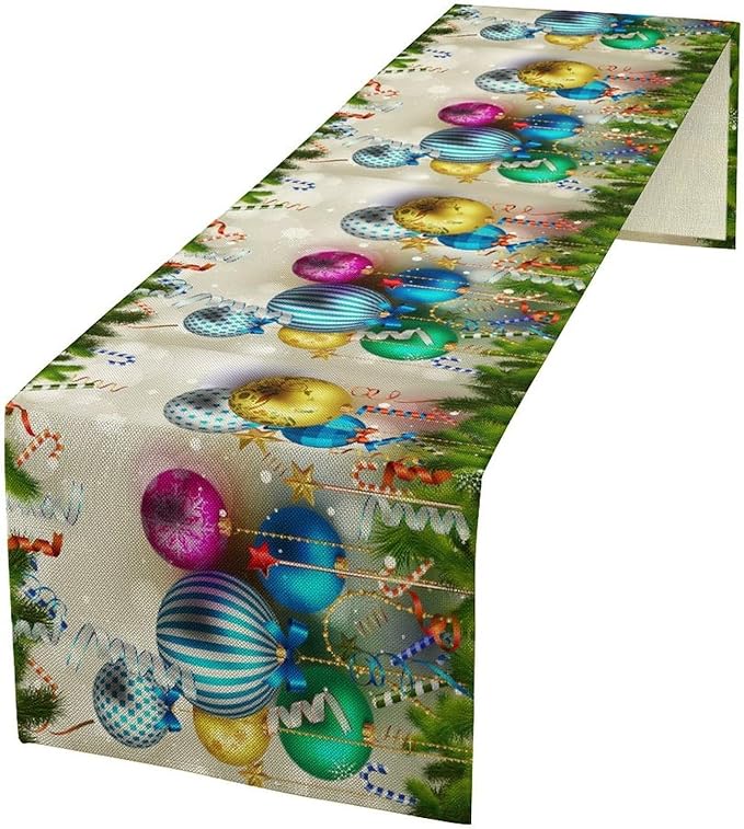 Christmas Table Runner,Colorful Balls Xmas Tree Snowflake Pattern Print Tablecloth Burlap for Hotel Indoors Outdoor Dining Room Kitchen Home Decor,W13X L108 in